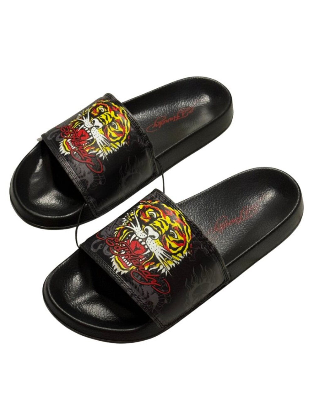 NEW Ed Hardy Tiger Head Slide Sandals Black Red Graphic Logo